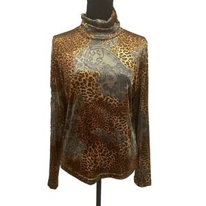 VTG SNO SKINS Sz L Velvet Leopard Print Paisley Turtleneck Top Stretch Mob Wife